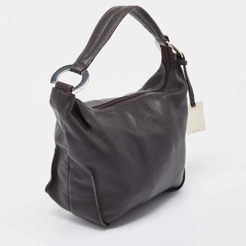 Furla Dark Brown Grained Leather Ring Handle Hobo